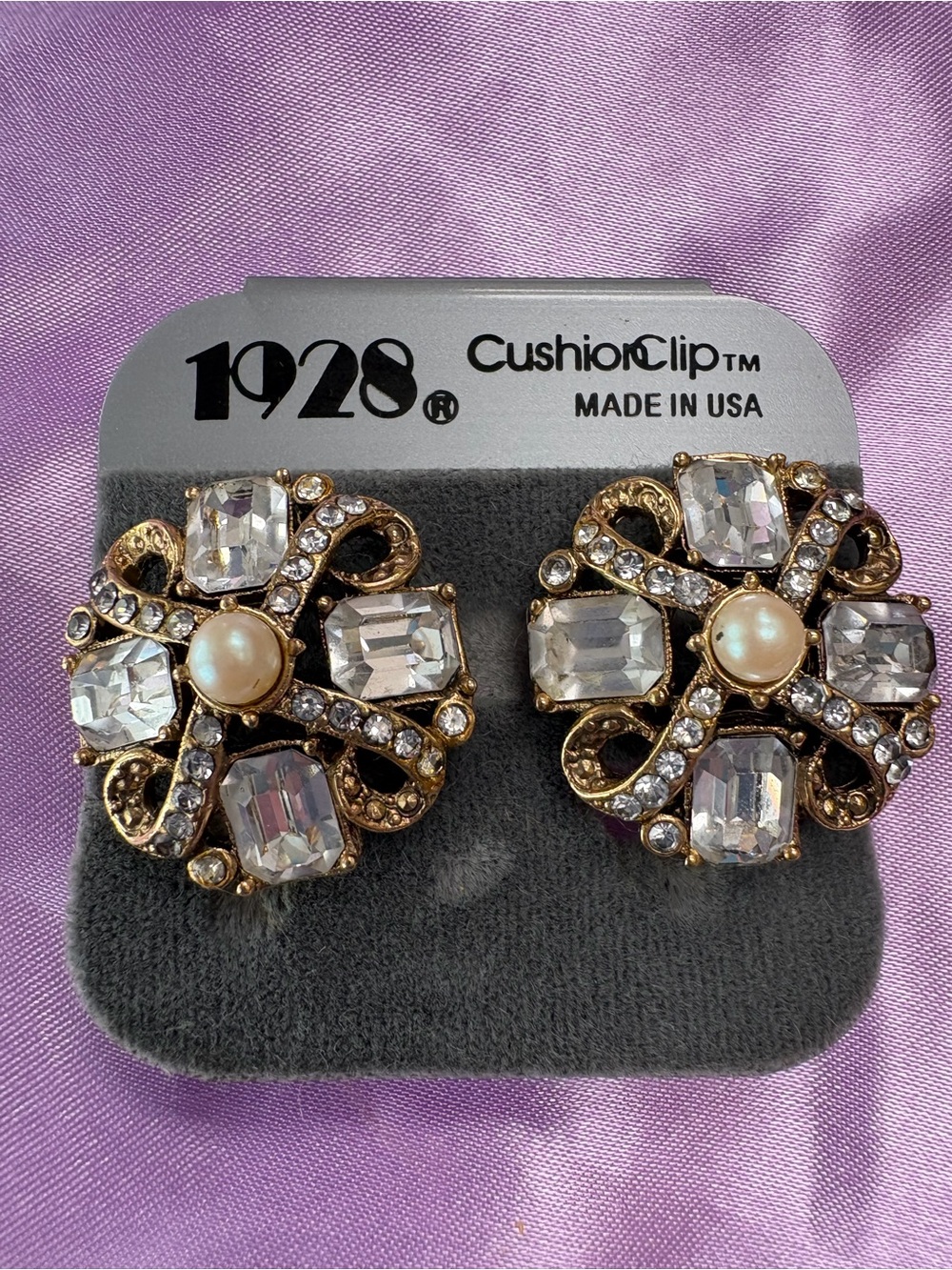 1928 Gold-Tone Crystal & Pearl Cushion Clip Earrings - Gold